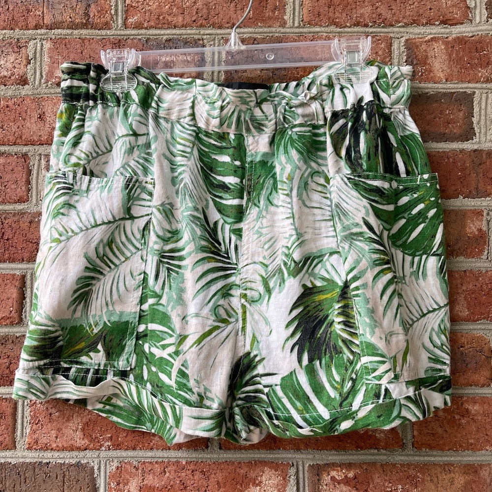 ☀️ TAHARI - M - Shorts Womens 100% Linen Palm Leaf Print Beach High Rise Green